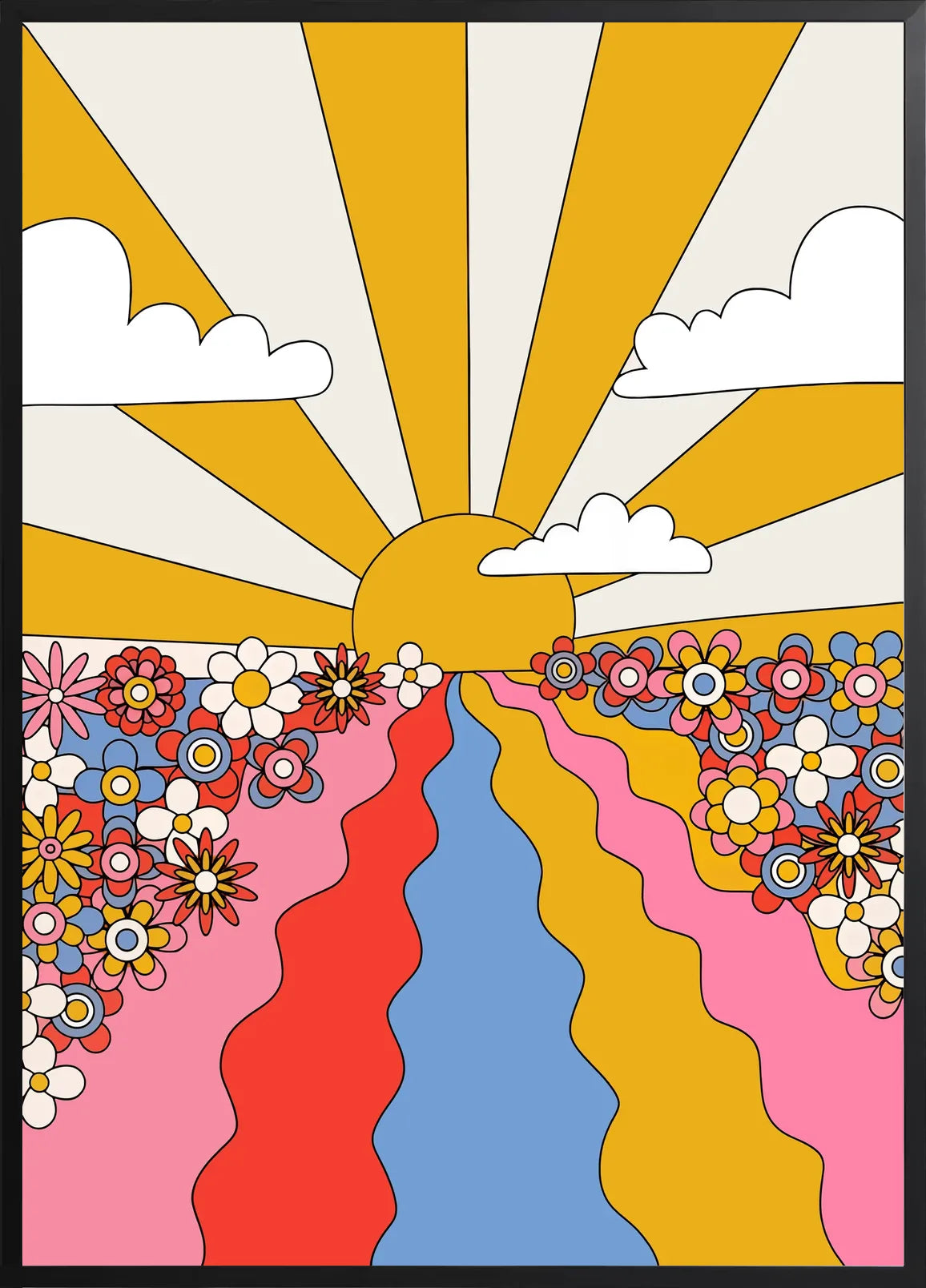 Encadrement noir mat autour du soleil et des fleurs groovy colorees