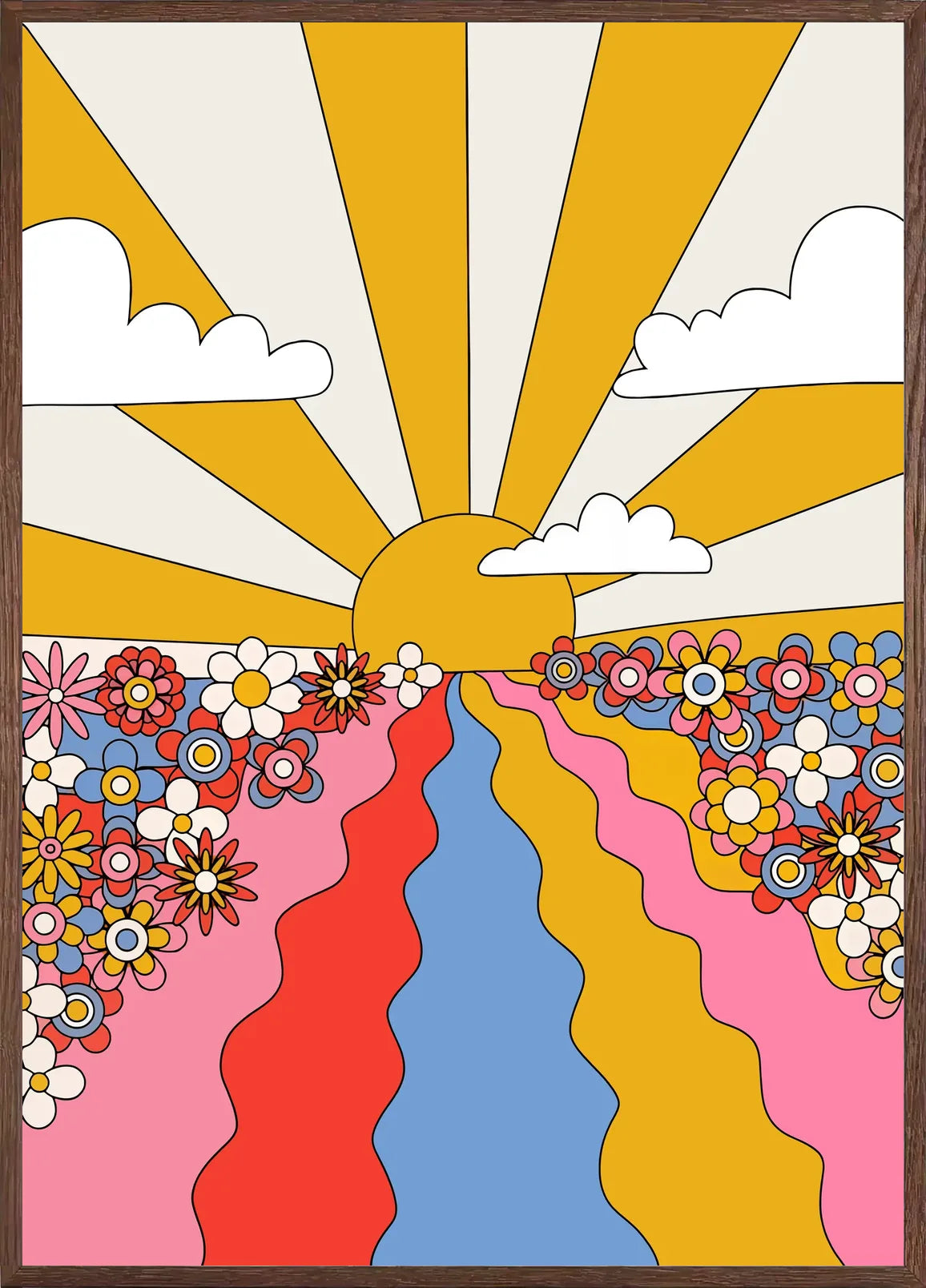 Cadre chene clair entourant l'affiche soleil rayons et fleurs groovy
