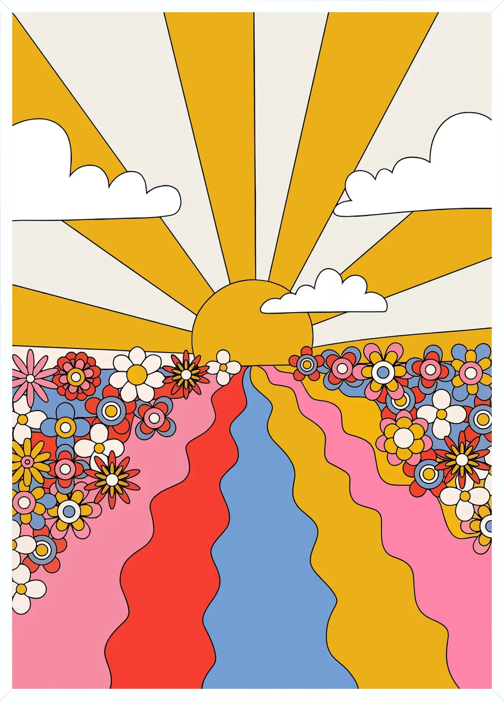 Cadre blanc epure presentant l'affiche soleil fleurs et chemin ondule