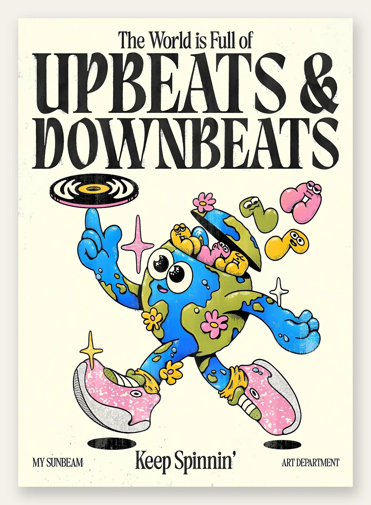 Affiche vintage Upbeats and Downbeats, personnage globe DJ avec vinyle
