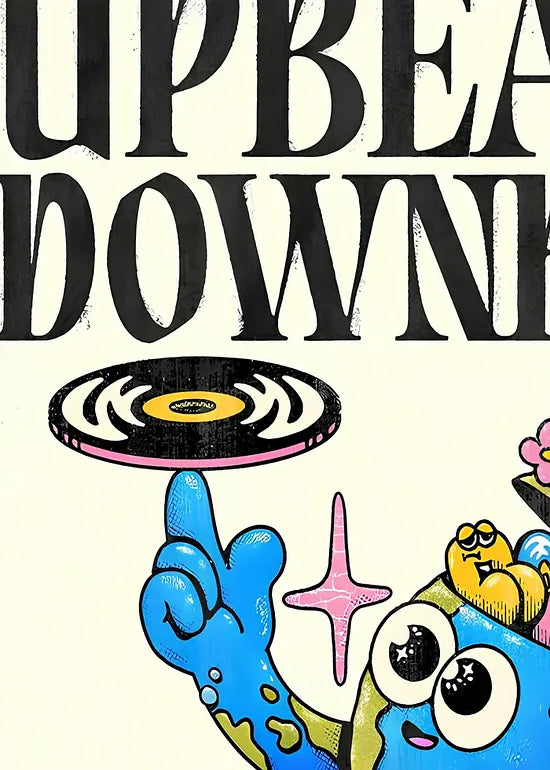 Gros plan sur le personnage globe et le disque vinyle qu'il fait tourner