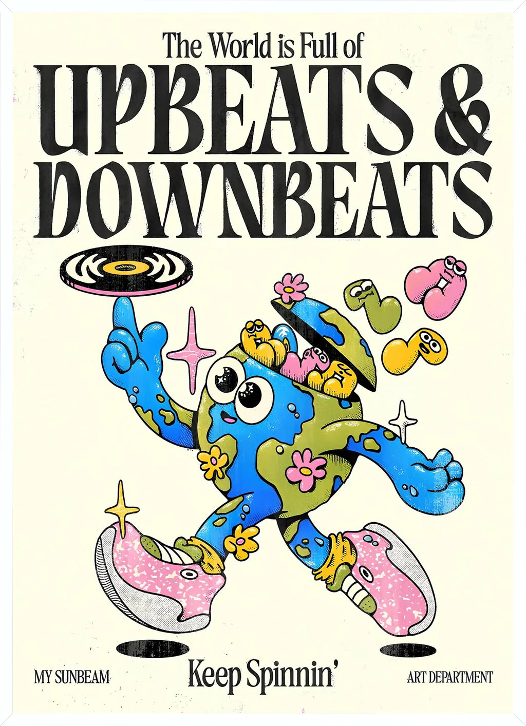 Cadre blanc epure presentant l'affiche personnage globe Upbeats Downbeats