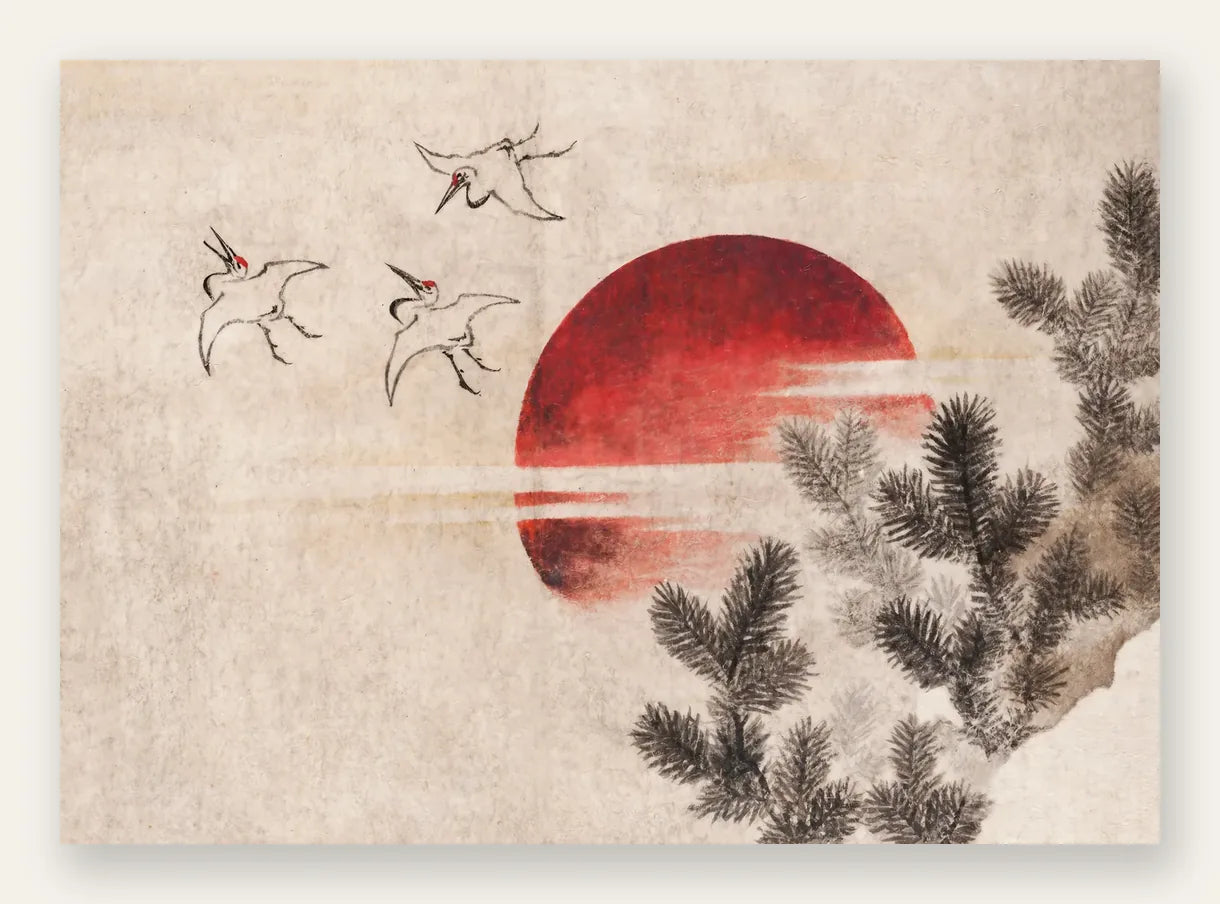 Affiche grues et soleil rouge art japonais