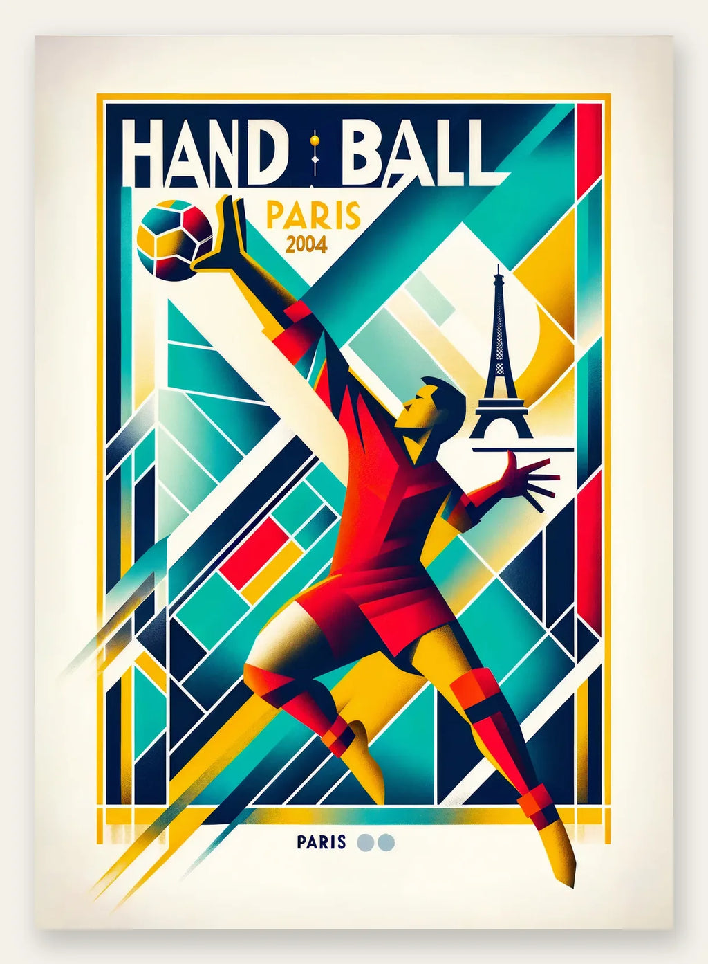 Stylisé joueur de handball en saut, palette ocre jaune, bleu de cobalt et rouge brique, Tour Eiffel en silhouette