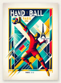 Stylisé joueur de handball en saut, palette ocre jaune, bleu de cobalt et rouge brique, Tour Eiffel en silhouette