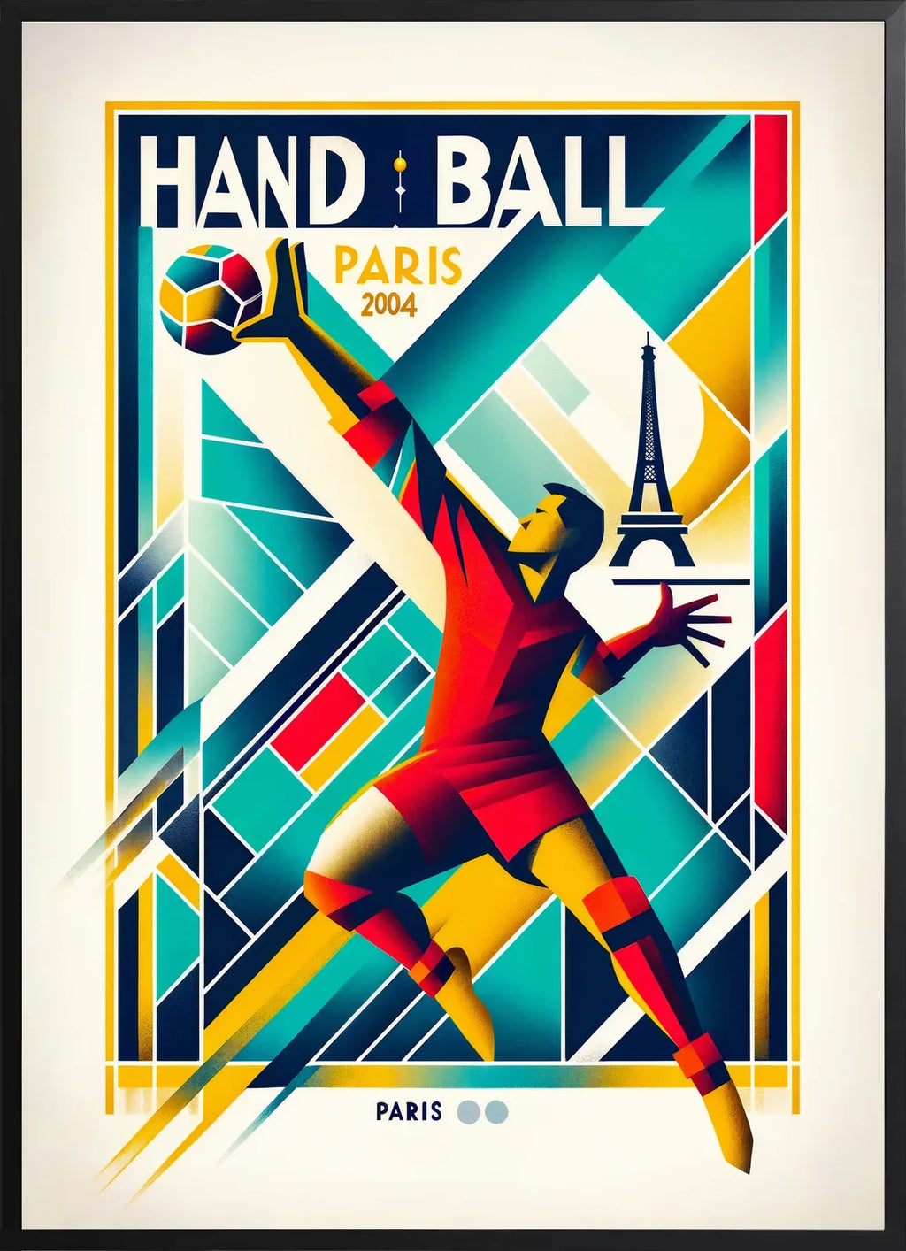 Art encadré noir, joueur de handball et ballon multicolore, typographie HAND BALL visible