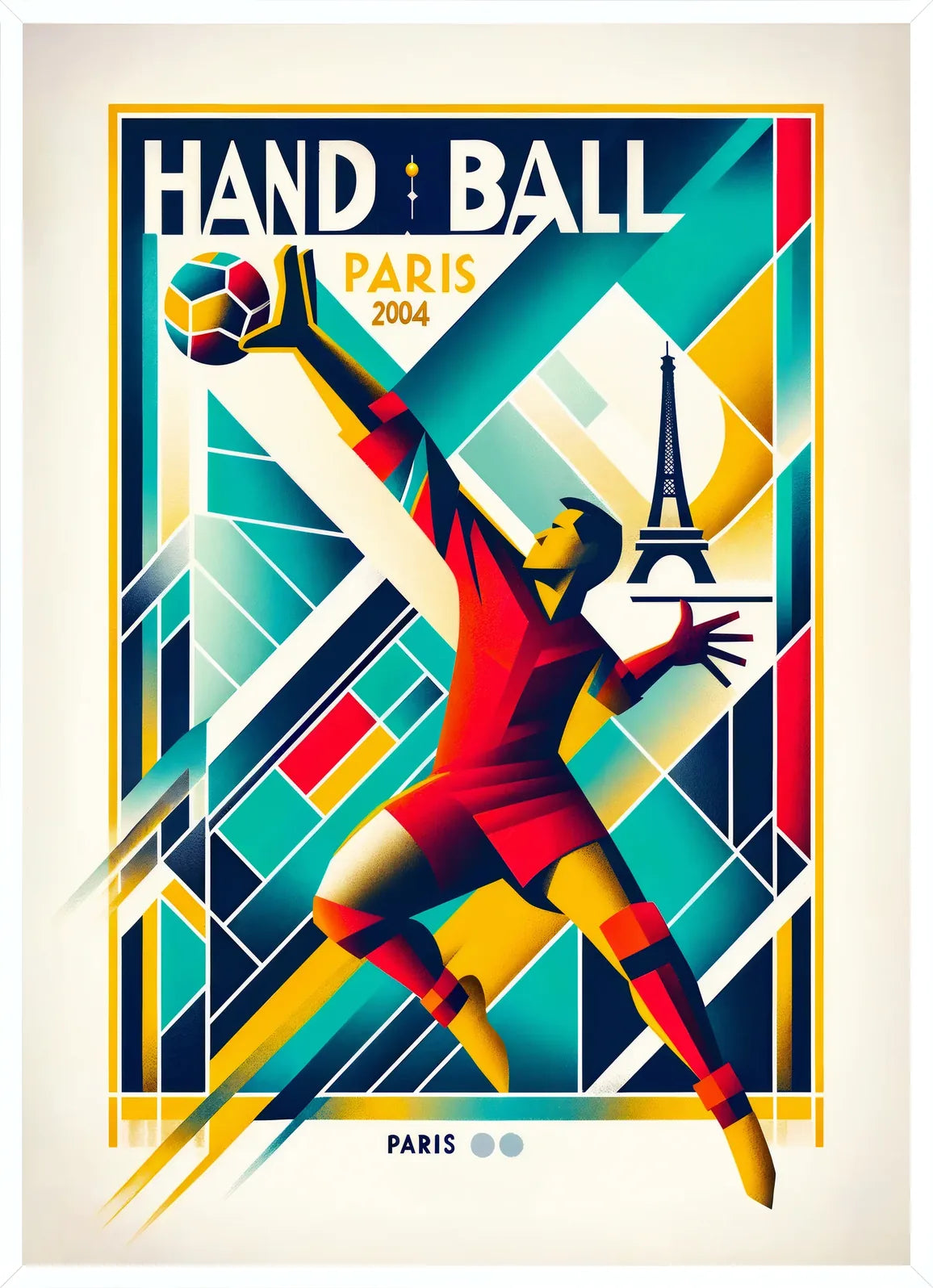 Minimal dans cadre blanc, joueur de handball en mouvement, Tour Eiffel en arrière-plan
