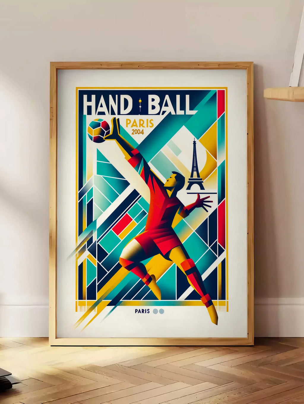 Estampe stylisé joueur de handball en saut, posee au sol dans un coin salon, sur un parquet a chevrons, pres d'une table d'appoint en chene chargee de livres