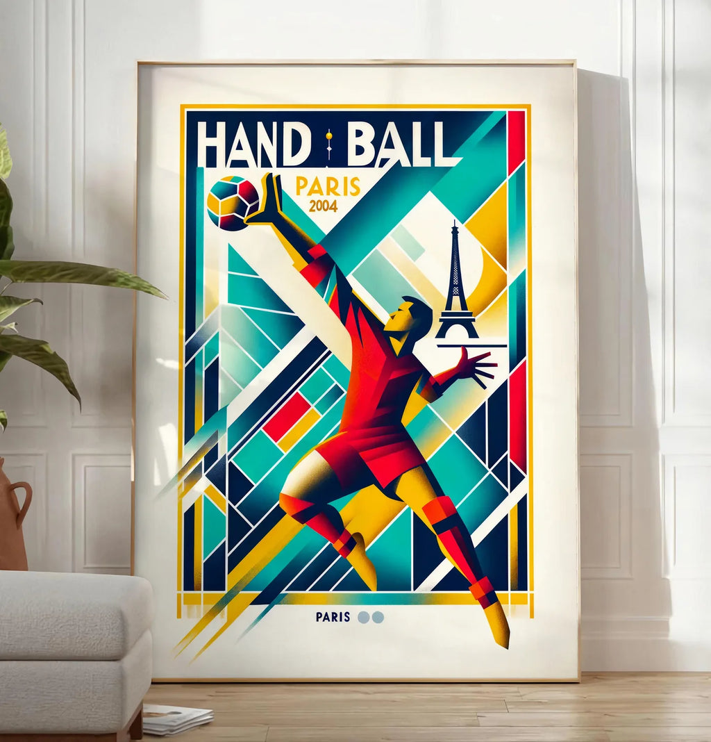 Reproduction stylisé joueur de handball en saut, posee au sol dans un salon minimaliste clair, a cote d'un canape beige et d'une plante verte, sur un parquet clair