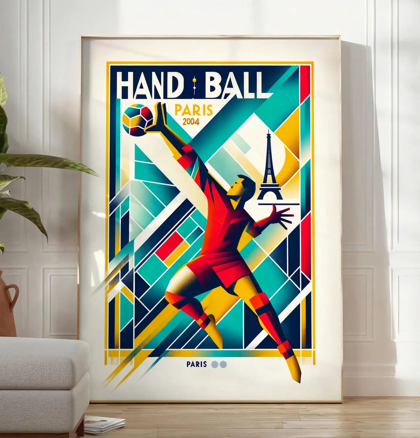 Reproduction stylisé joueur de handball en saut, posee au sol dans un salon minimaliste clair, a cote d'un canape beige et d'une plante verte, sur un parquet clair