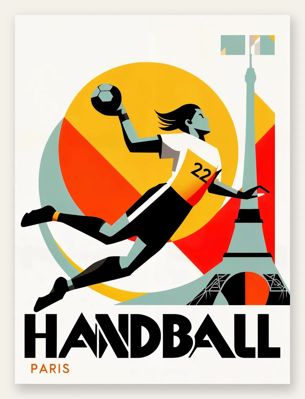 Affiche handball Paris, joueuse numero 22 en tir suspendu et tour Eiffel