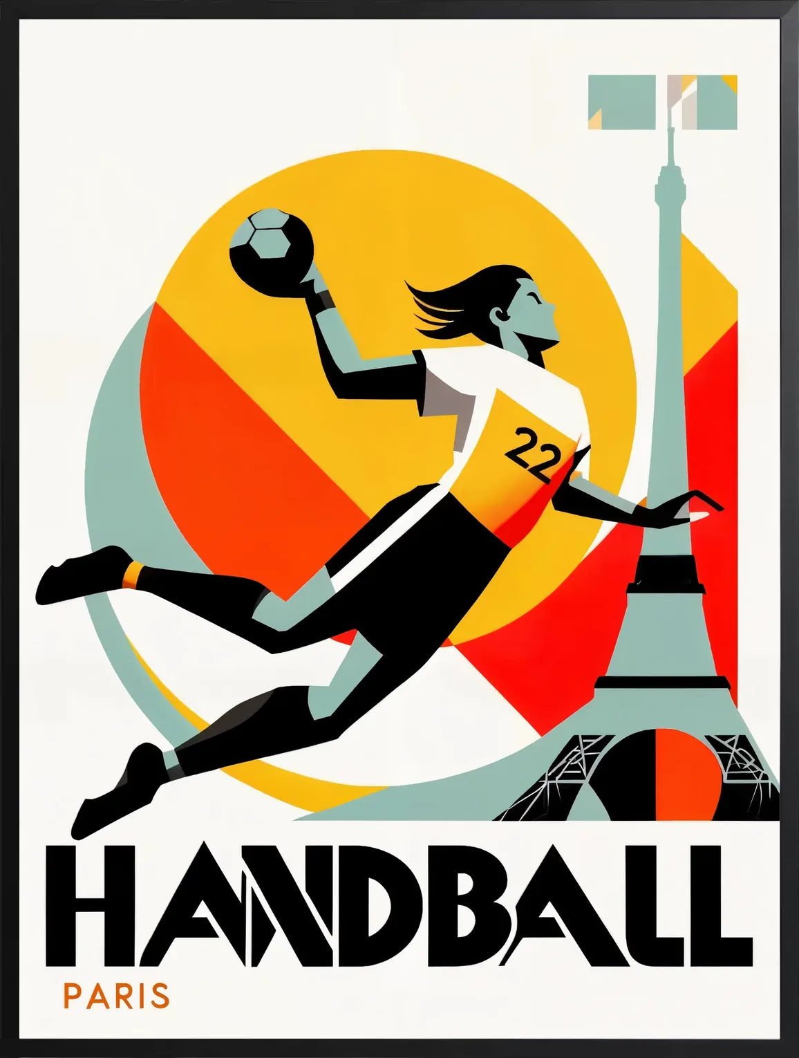 Encadrement noir mat autour de la handballeuse et du ballon