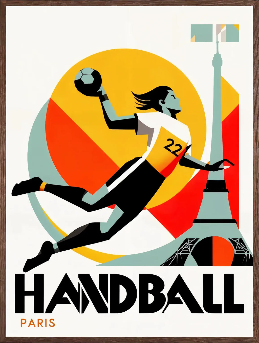 Cadre chene clair entourant l'affiche handball Paris joueuse