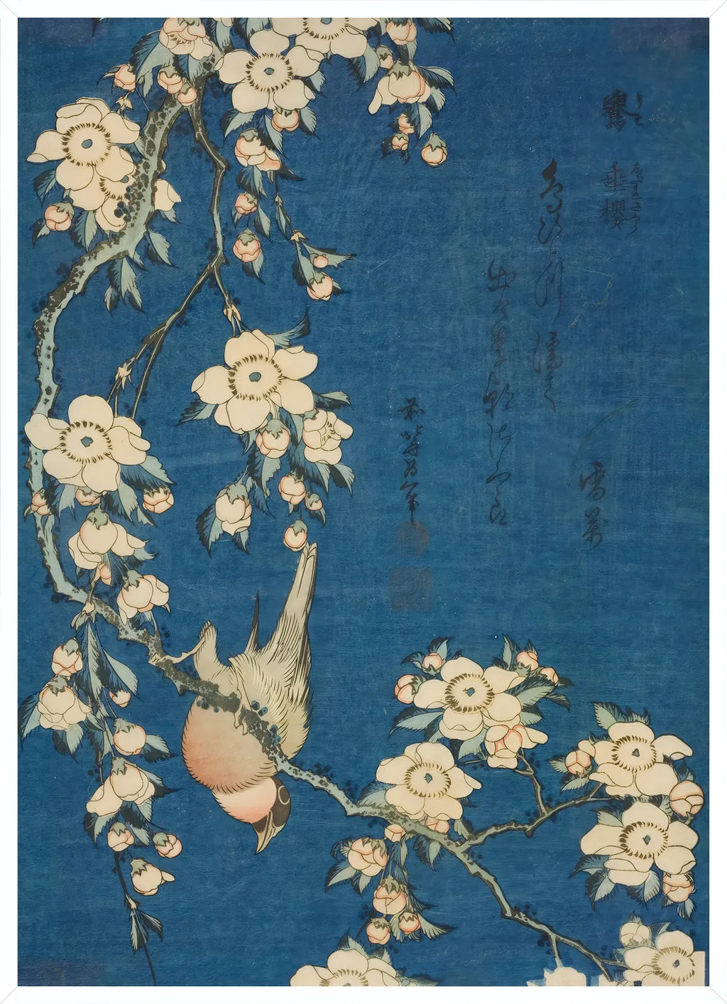 Cadre blanc epure presentant l'affiche Hokusai bouvreuil cerisier bleu
