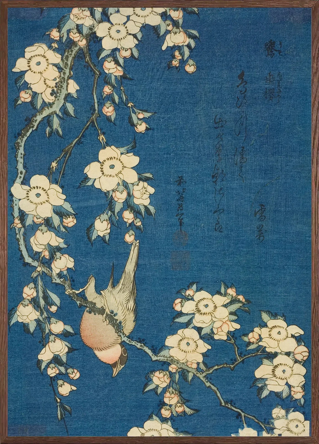 Cadre chene clair entourant l'affiche Hokusai cerisier en fleurs