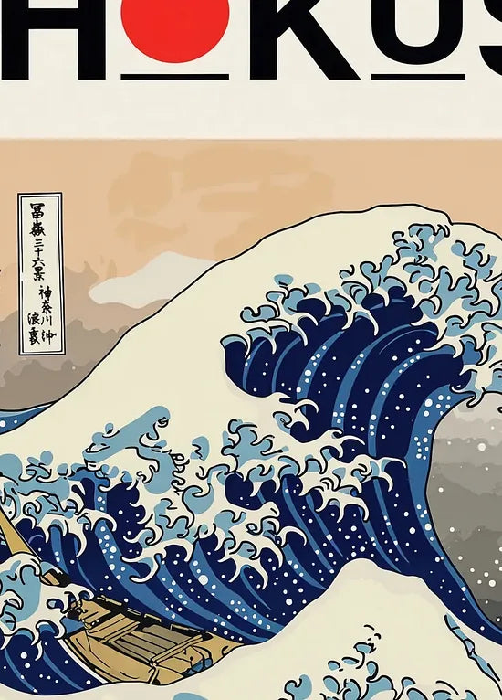 Gros plan sur l'ecume de la grande vague de Hokusai et le mont Fuji