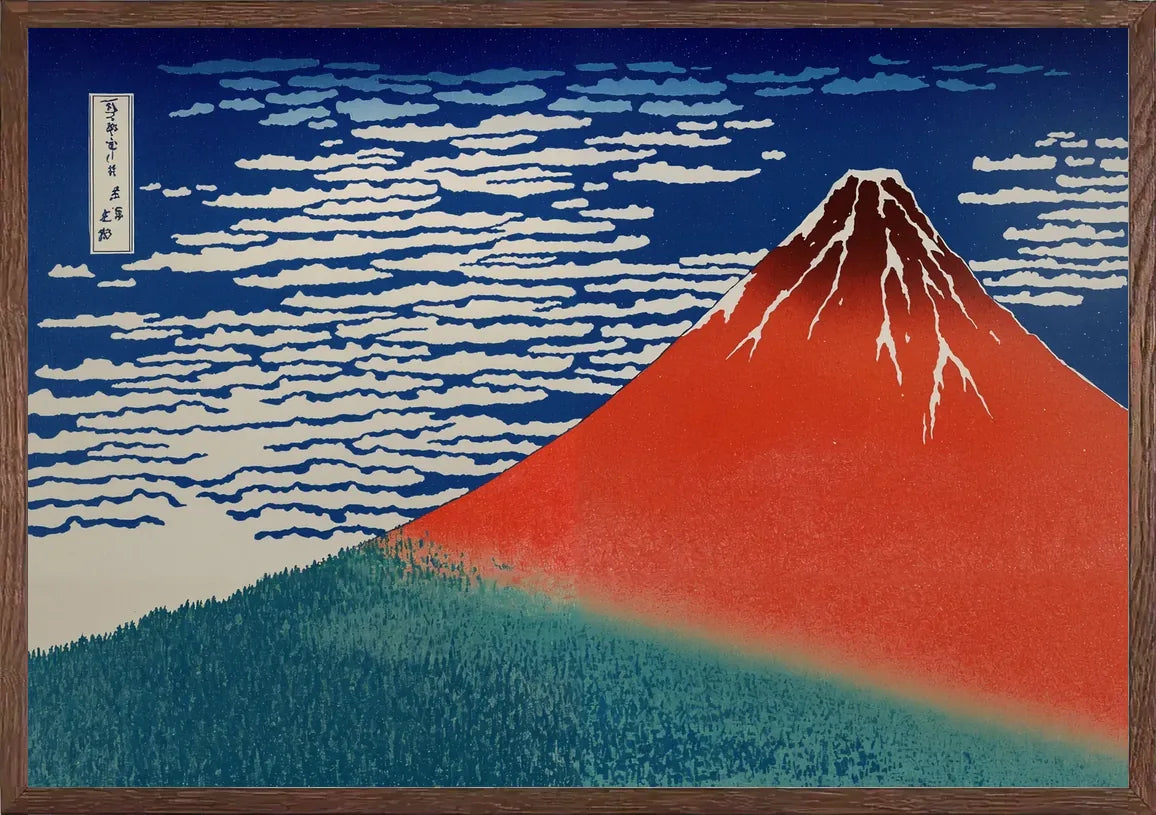 Cadre chene clair entourant l'affiche mont Fuji rouge de Hokusai