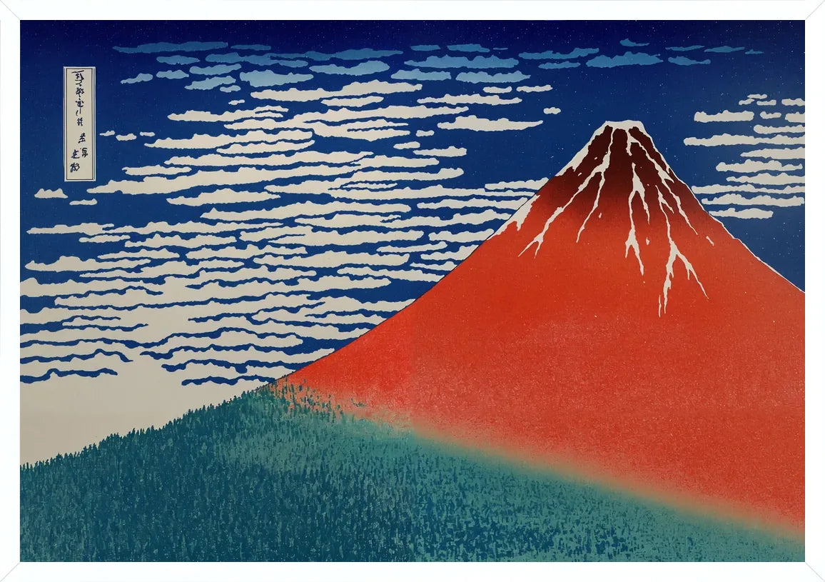 Cadre blanc epure presentant l'affiche mont Fuji rouge de Hokusai