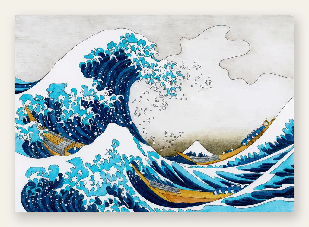 Affiche Hokusai grande vague coloree, barques ocre et mont Fuji estampe japonaise
