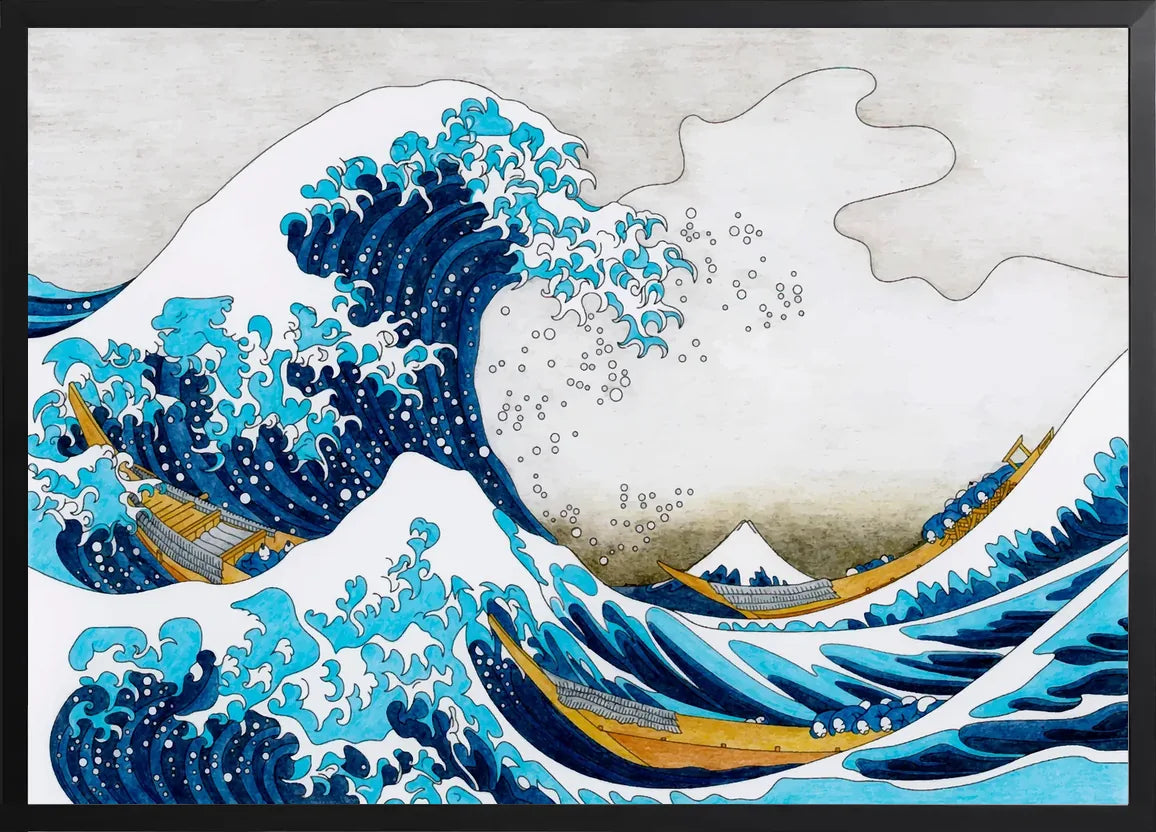 Encadrement noir mat autour de la grande vague de Hokusai et barques ocre