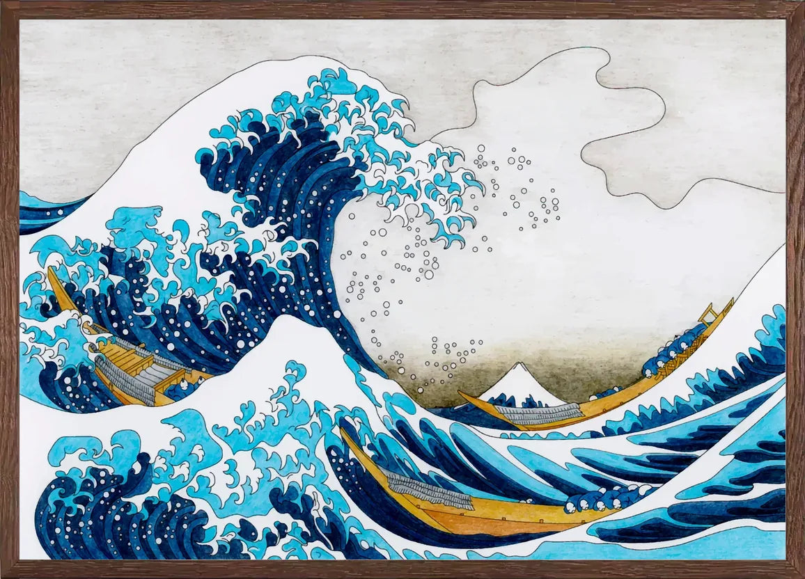 Cadre chene clair entourant l'affiche Hokusai grande vague turquoise
