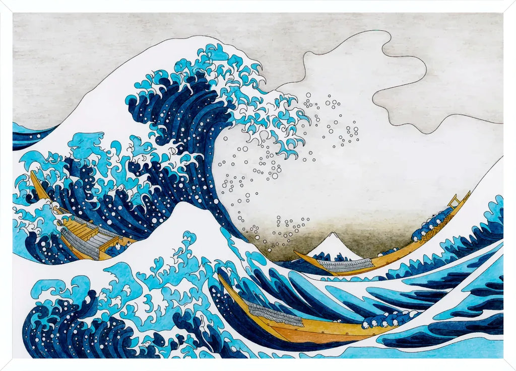 Cadre blanc epure presentant l'affiche Hokusai grande vague coloree