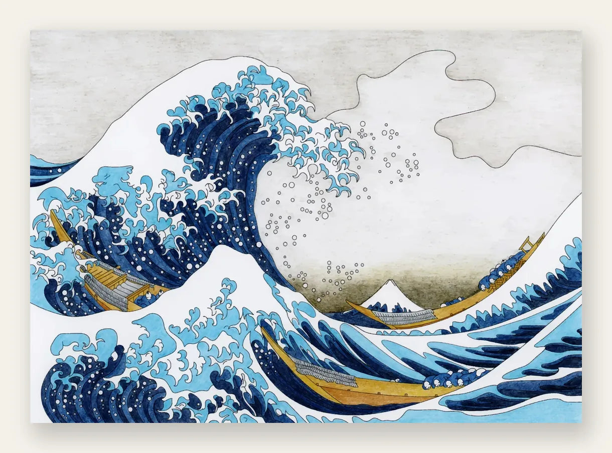 Affiche Hokusai grande vague et barques de pecheurs, estampe japonaise turquoise