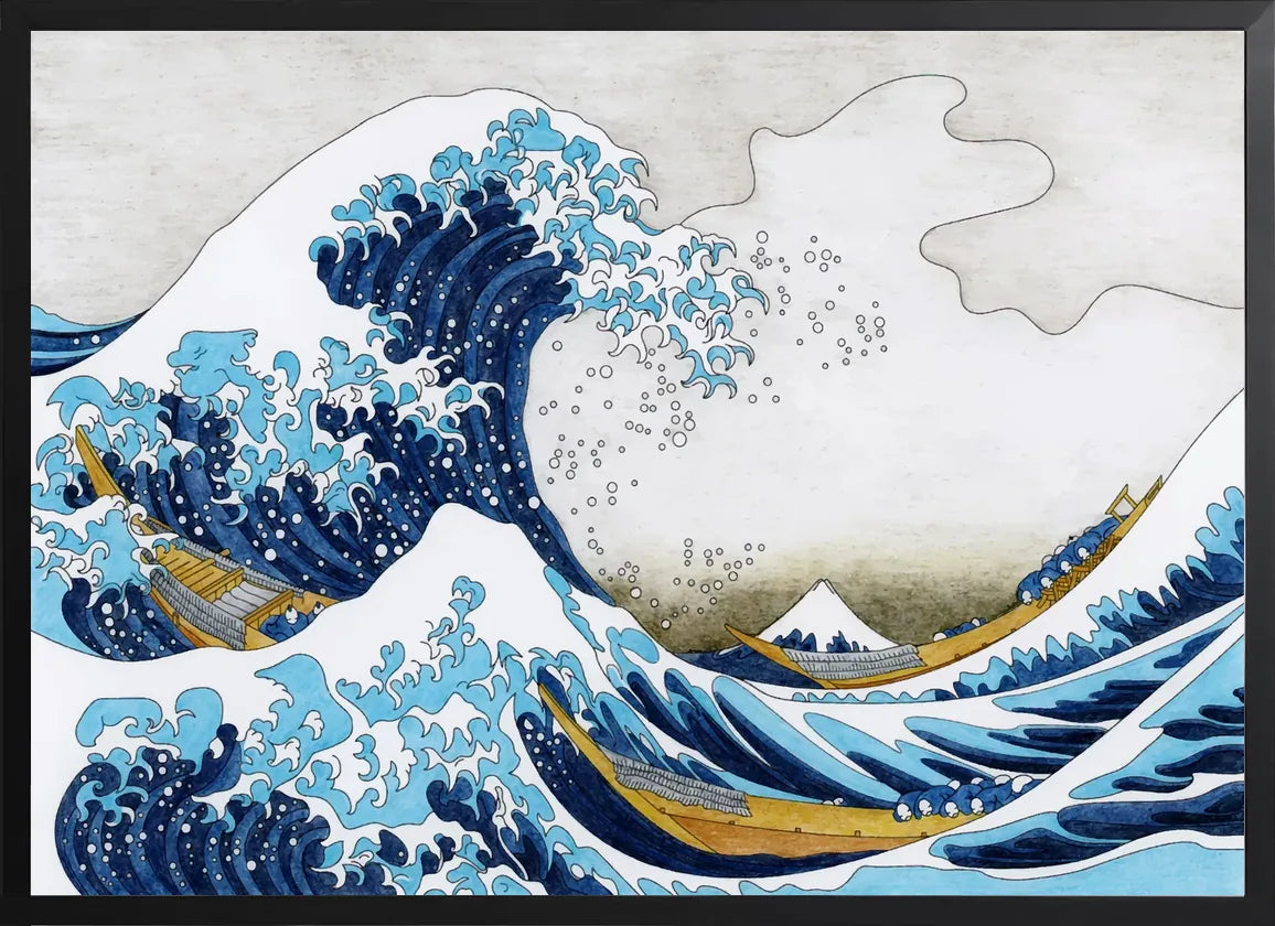 Encadrement noir mat autour de la grande vague de Hokusai et barques ocre