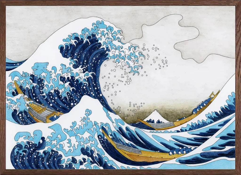 Cadre chene clair entourant l'affiche Hokusai grande vague et barques