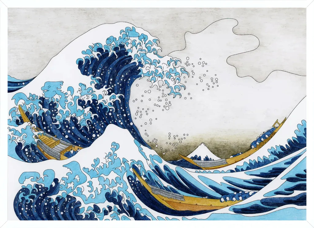 Cadre blanc epure presentant l'affiche Hokusai grande vague barques