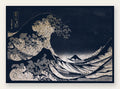 Affiche Hokusai grande vague doree sur bleu nuit, mont Fuji estampe japonaise