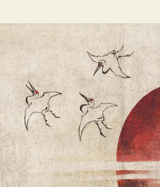 Gros plan sur les oiseaux esquisses devant le soleil rouge de Hokusai