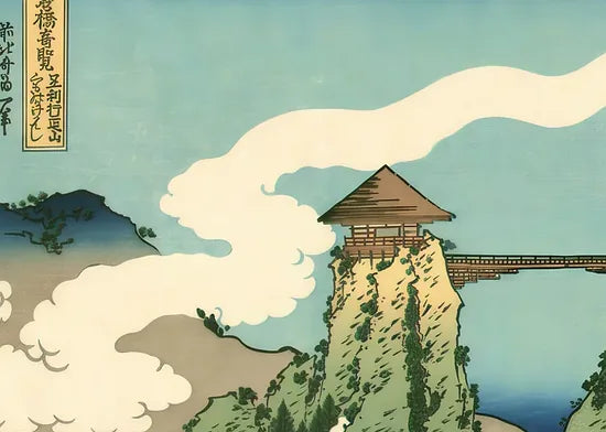 Gros plan sur le pont suspendu de Hokusai et le temple de montagne