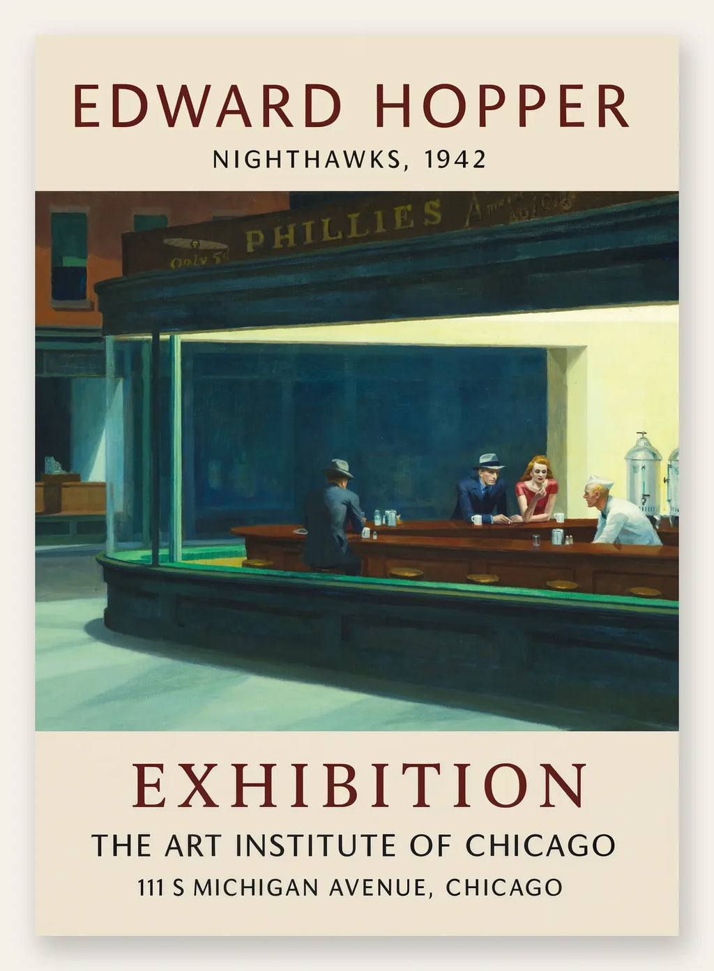Affiche Hopper Nighthawks, diner de nuit eclaire vu a travers la vitre incurvee