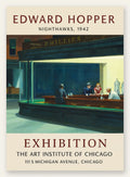 Affiche Hopper Nighthawks, diner de nuit eclaire vu a travers la vitre incurvee