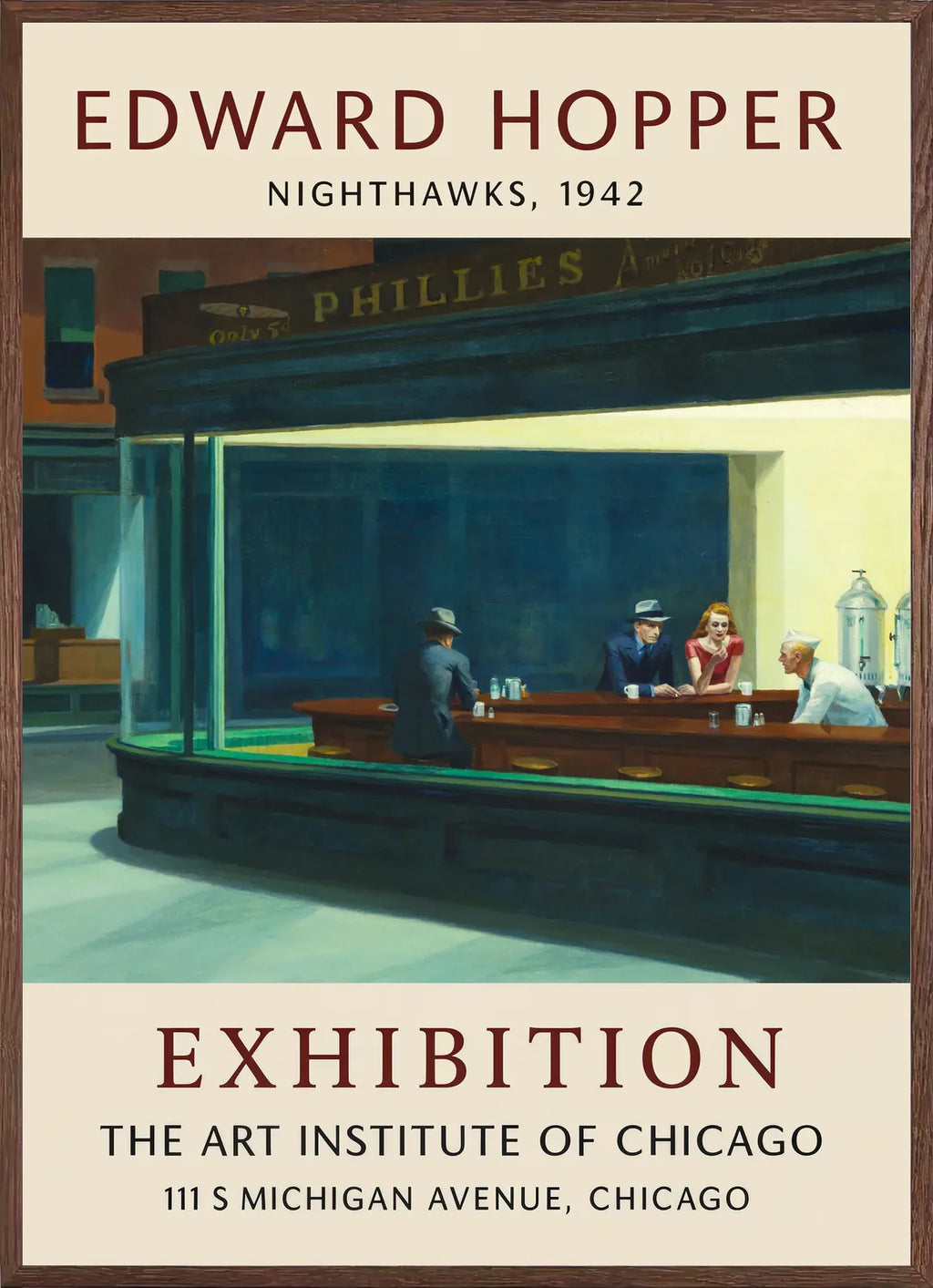Cadre chene clair entourant l'affiche Hopper Nighthawks diner