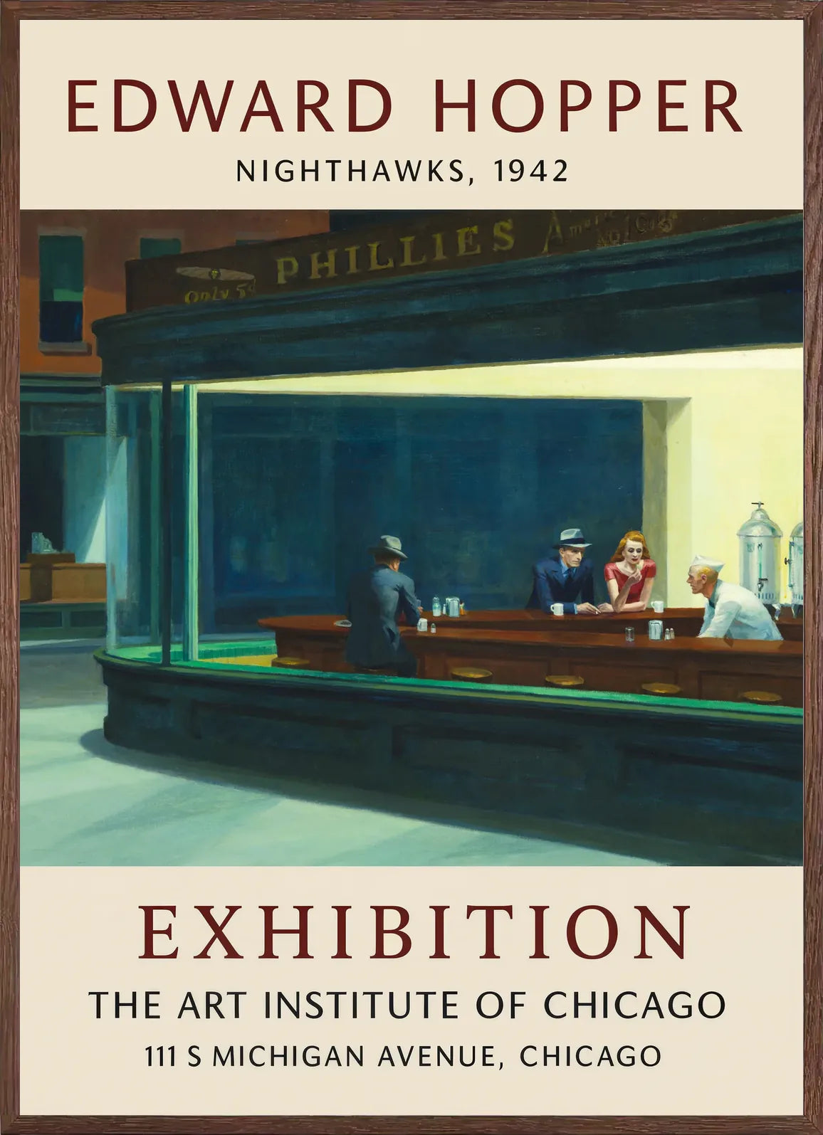 Cadre chene clair entourant l'affiche Hopper Nighthawks diner