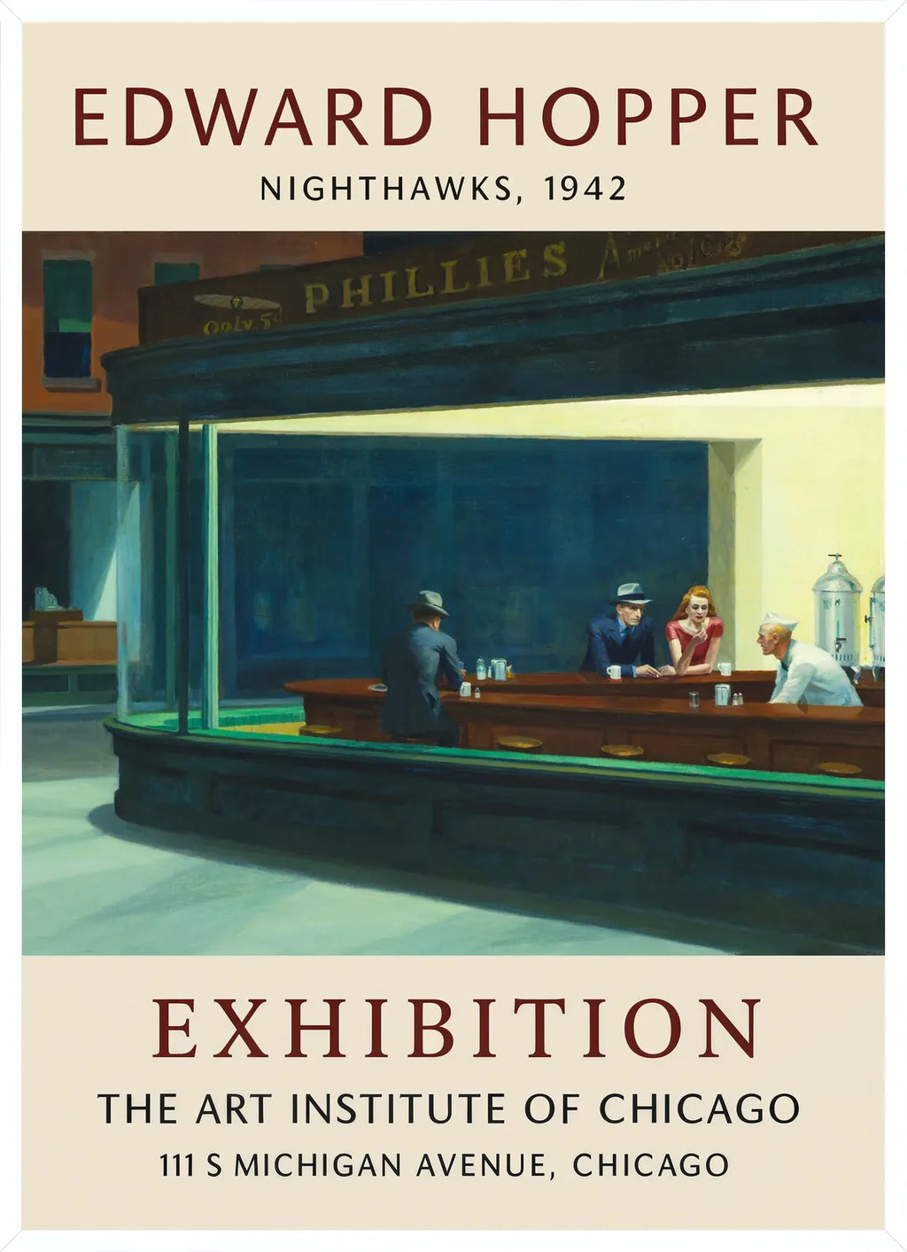 Cadre blanc epure presentant l'affiche Hopper Nighthawks exposition