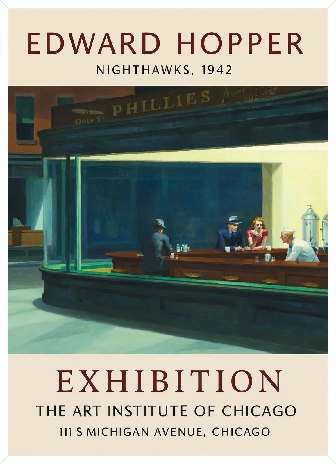 Cadre blanc epure presentant l'affiche Hopper Nighthawks exposition