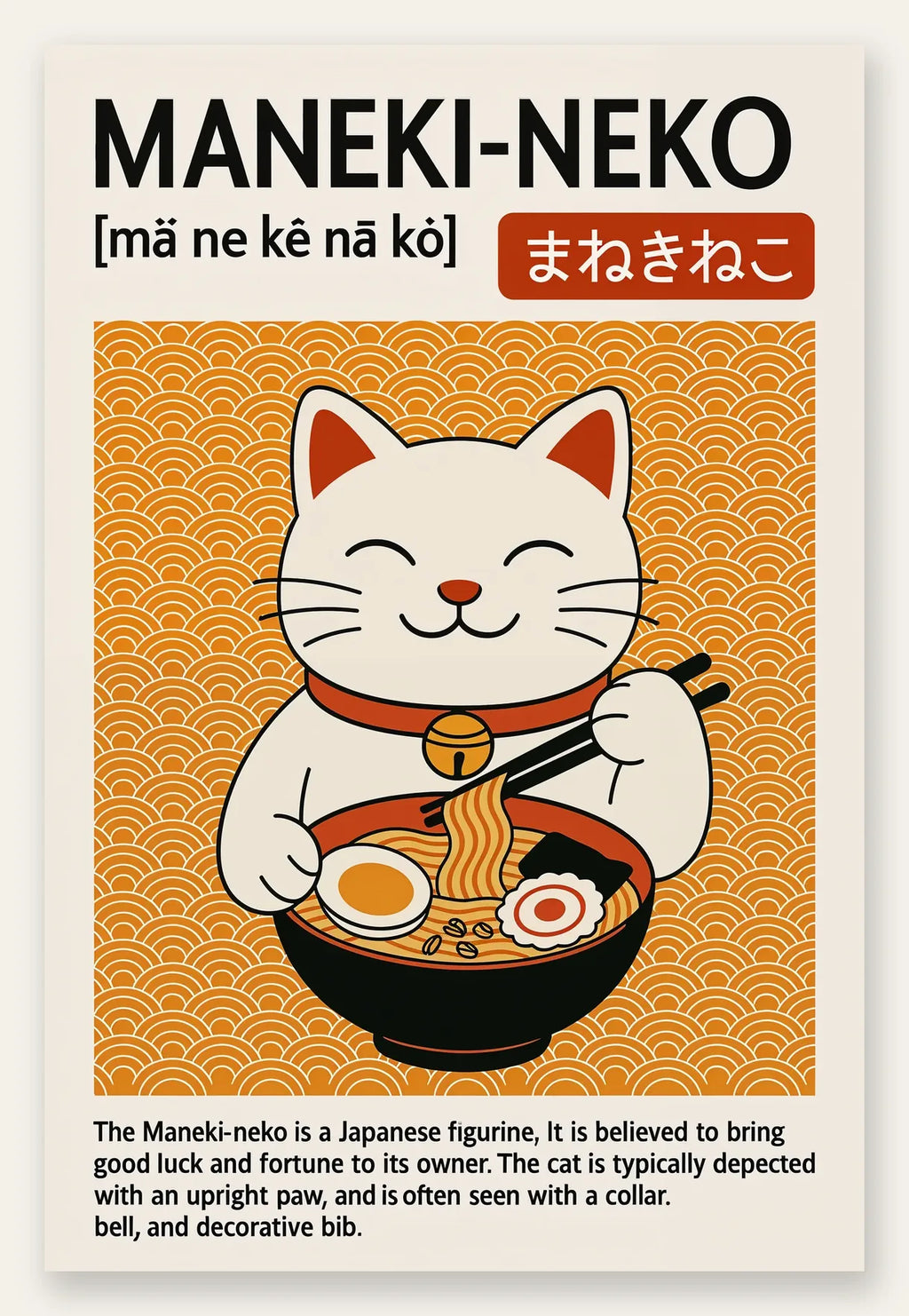 Affiche Maneki-neko cuisine, chat porte-bonheur mangeant un ramen sur fond orange