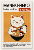 Affiche Maneki-neko cuisine, chat porte-bonheur mangeant un ramen sur fond orange