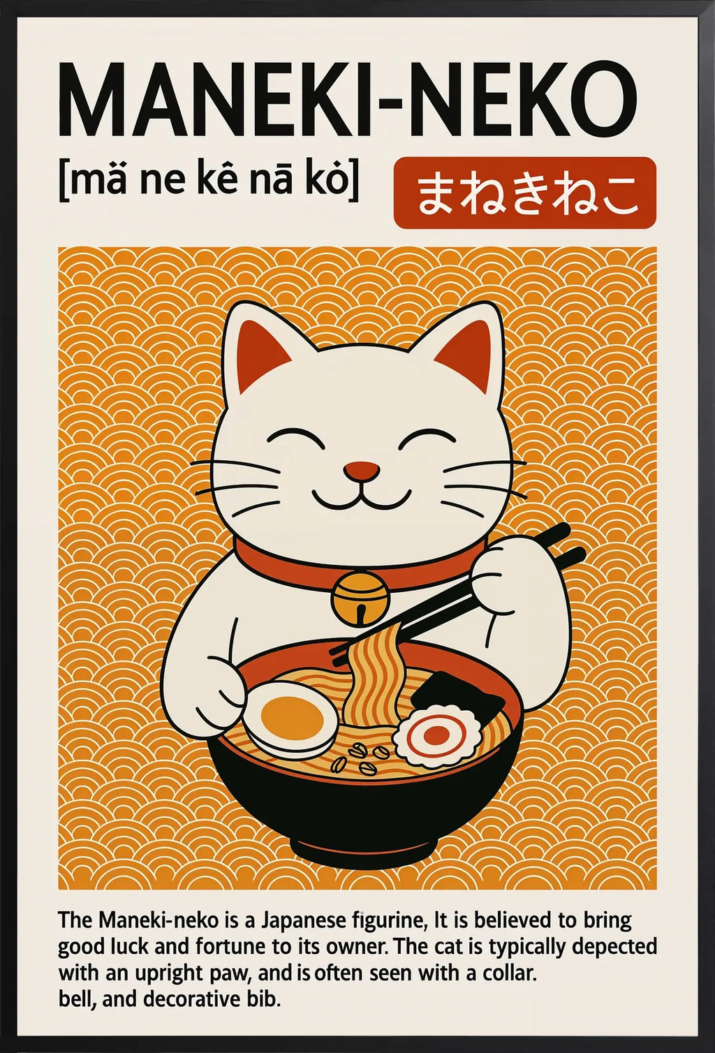 Encadrement noir mat autour du Maneki-neko et du bol de ramen