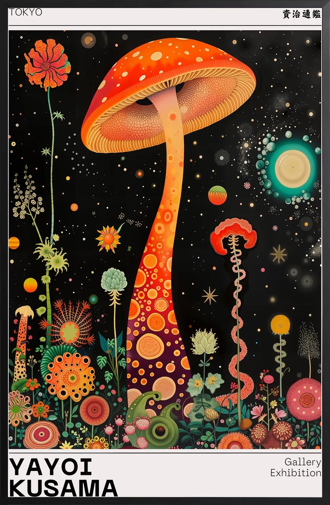 Encadrement noir mat autour de champignon orange de Kusama