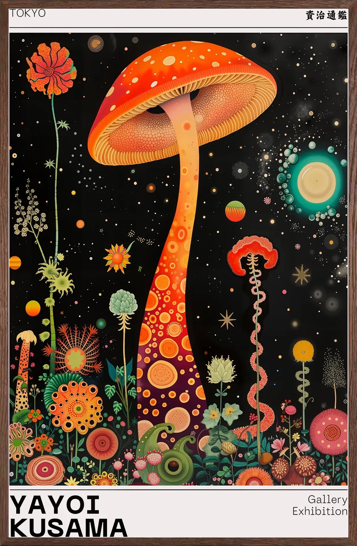 Cadre chene clair entourant l'affiche champignon orange de Kusama