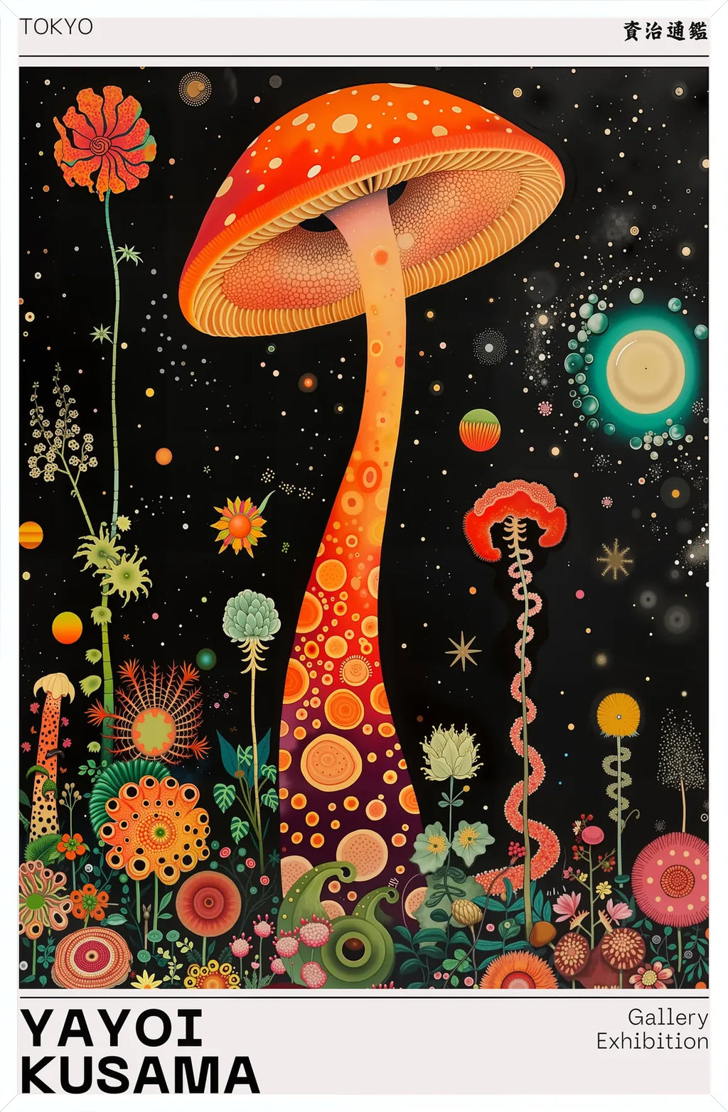 Cadre blanc epure presentant l'affiche champignon orange de Kusama