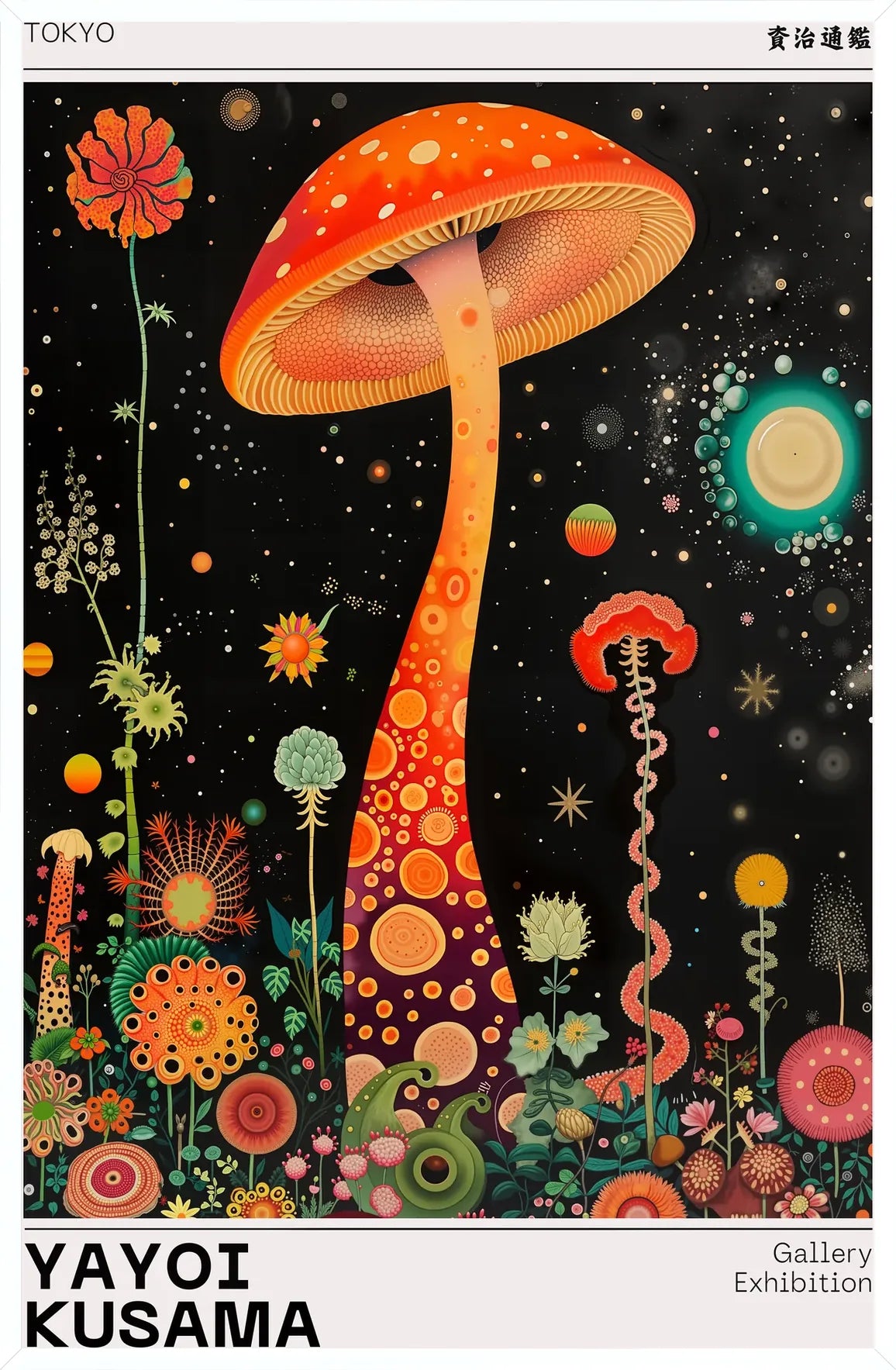 Cadre blanc epure presentant l'affiche champignon orange de Kusama