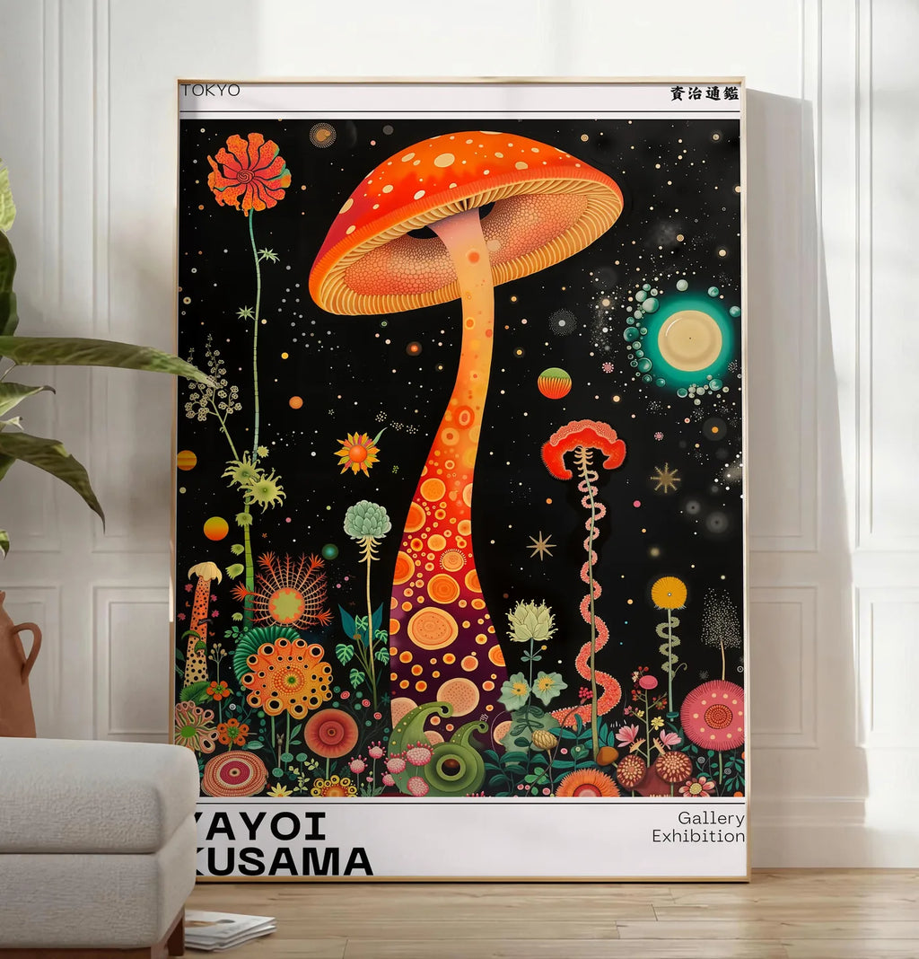 Reproduction affiche champignon orange de Kusama art japonais, posee au sol dans un salon minimaliste clair, a cote d'un canape beige et d'une plante verte, sur un parquet clair