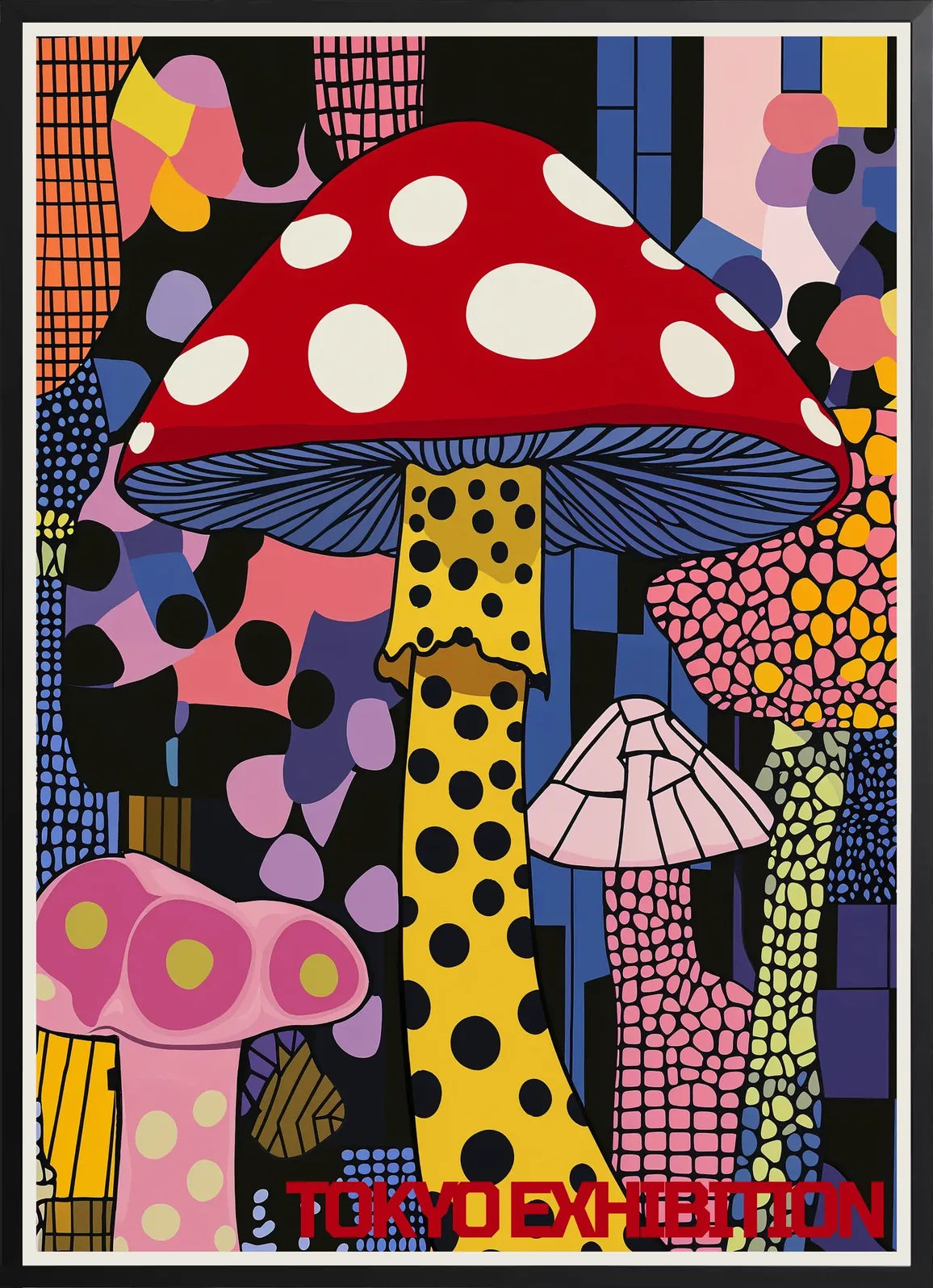 Encadrement noir mat autour de champignon pop de Kusama