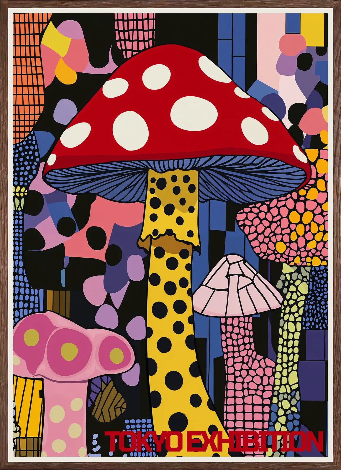 Cadre chene clair entourant l'affiche champignon pop de Kusama