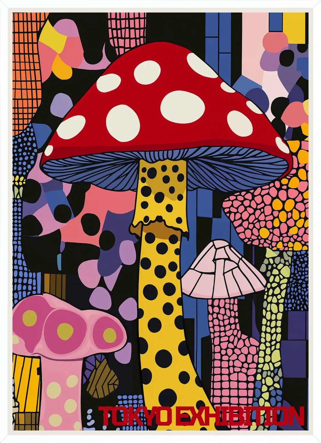 Cadre blanc epure presentant l'affiche champignon pop de Kusama